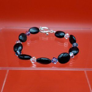 7 Inch 925 Sterling Silver Black Smooth Stone And Crystals Bracelet